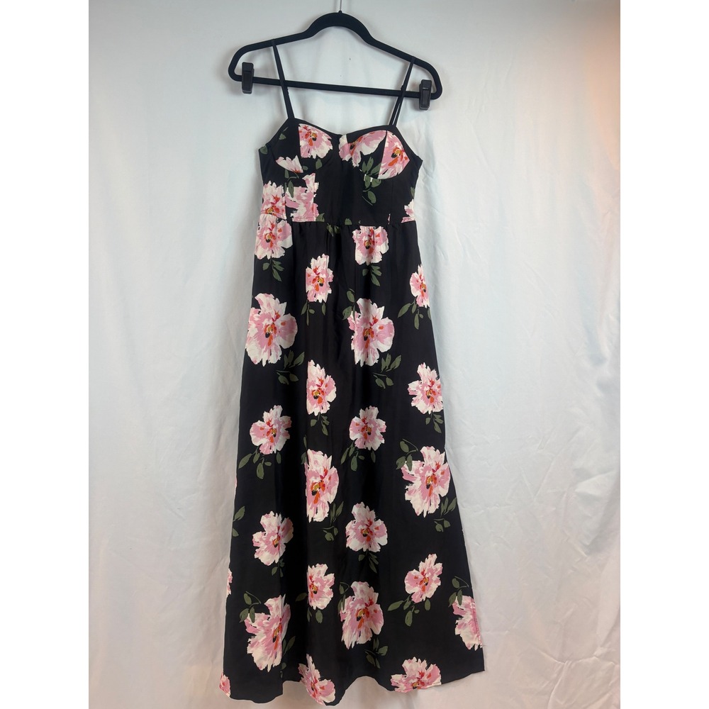 Band of Gypsies Black Pink Floral Maxi Dress Smocked Back Slit Pockets Small NWT